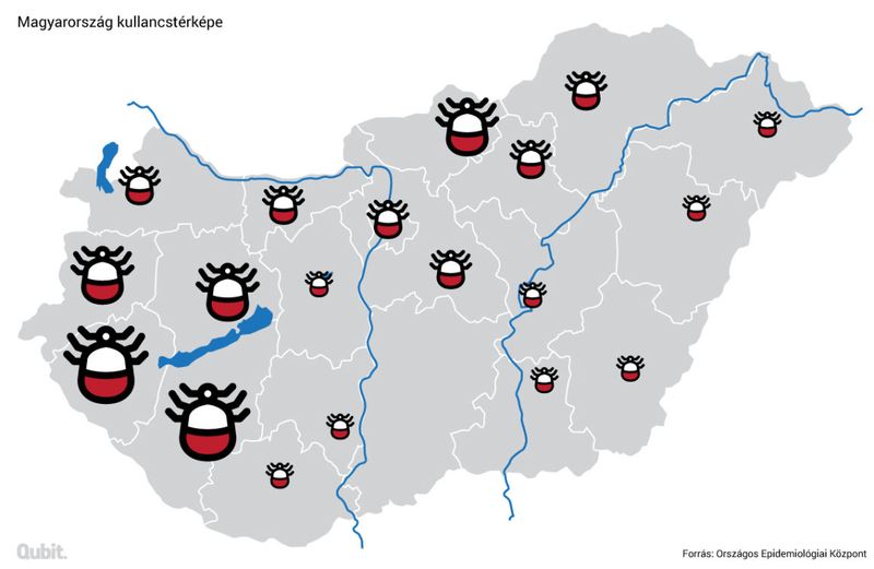 Magyarország kullancstérképe. Forrás: Országos Epidemiológiai Központ, grafika: Tóth Róbert Jónás